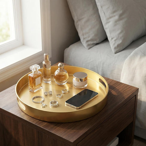 13" Spsyrine Round Gold Decorative Tray, Plastic Serving Table Tray with Handles for Ottoman, Coffee Table, Bathroom