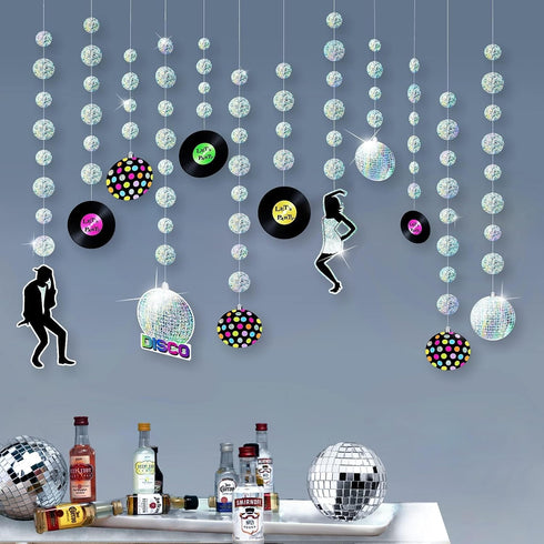 12pcs Cheerland Holographic Disc Banner Retro Rock and Roll Dance Hanging Ball Backdrop Decoration for Birthday Wedding