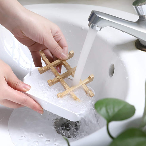 Bamboo Wooden Soap Dishes for Bathroom - Bar Soap Holder Shower Tray (Two Pieces, White)