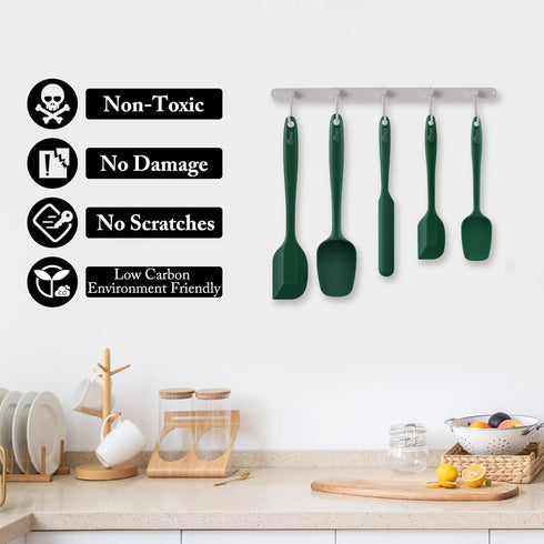 HOTEC High Heat Resistant Silicone Rubber Spatula Set, Non Stick Dishwasher Safe, Dark Green, Set of 5