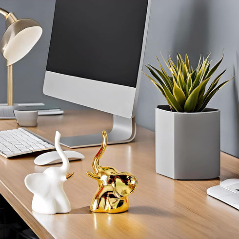 Home Decor Elephant Statues - 1 Pair of Small Decorative Accents for Living Room and Bedroom, Gold and White