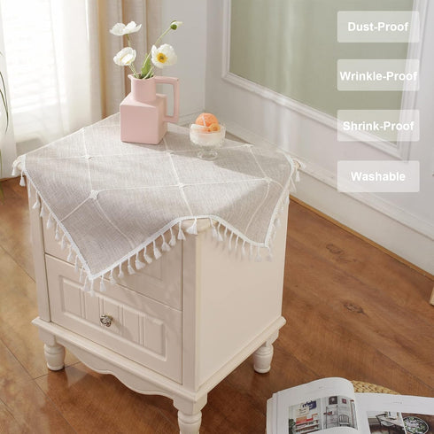 24 24 Inch Square Small Bedside Tablecloth Cotton Linen Light Brown Lattice Dust-Proof Washable Table Cover Boho