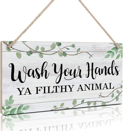 LHIUEM Wash Your Hands Ya Filthy Animal Sign, Funny Bathroom Wooden Hanging Wall Art, Green Plant Wood Plaques for Home