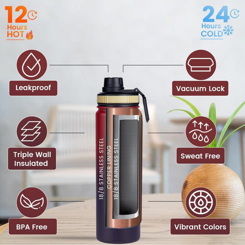 Tea Infuser Bottle - 22 Oz Fruit Infuser Water Bottle, Triple Walled Insulated Stainless Steel with 3 Lids