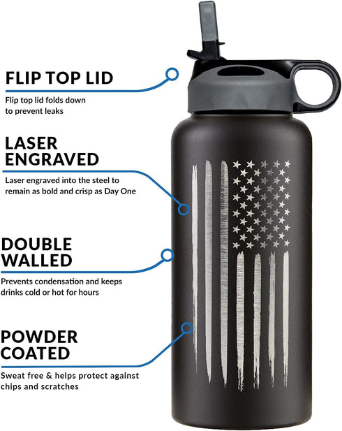 32oz American Flag Stainless Steel Insulated Water Bottle - Engraved USA Flag Gift Set | Flag 32 oz Water Bottle