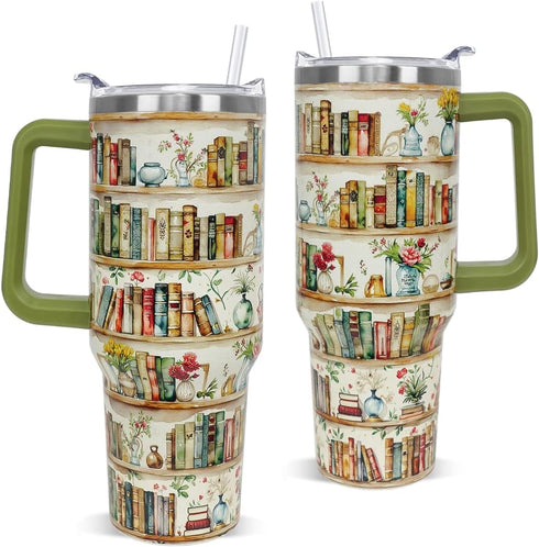 Nqhsionv Book Lovers Gifts 40oz Retro Bookshelf Tumbler Mothers Day Watercolor Flowers Bookworm