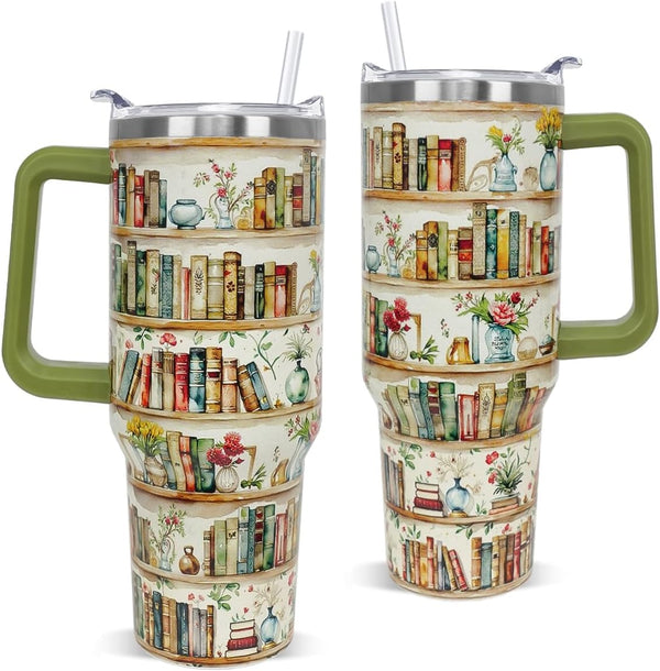Nqhsionv Book Lovers Gifts 40oz Retro Bookshelf Tumbler Mothers Day Watercolor Flowers Bookworm
