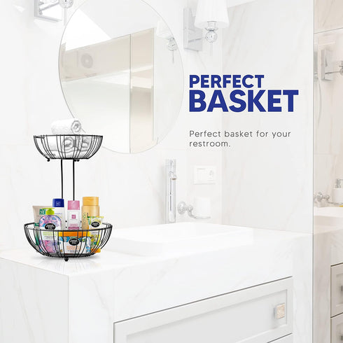 RICCLE Double Layer Metal Wire Fruit Basket with Banana Hanger for Kitchen Countertop, Produce and Vegetables Holder