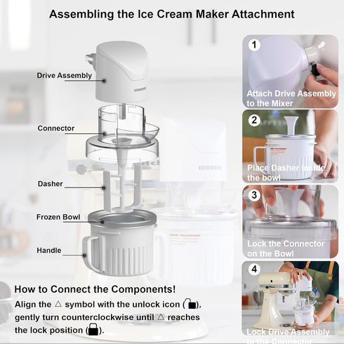 EDWODER Sorbet,Frozen TWO BOWLS Ice Cream Maker Attachment for All KitchenAid Stand Mixer, Makes Homemade Ice Cream