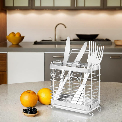 Stainless Steel Utensil Holder with 2 Compartments, Drying Rack for Kitchen Counter, Silverware Organizer