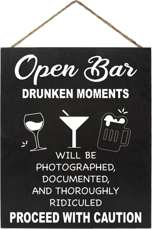 JennyGems Open Bar Hanging Wood Sign | Funny Wedding Reception Decor, Drunken Moments Will Be Photographed