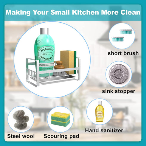 VANTEN Kitchen Sink Caddy Sponge Holder, Silver Sink Organizer for Kitchen Sink, Soap Dish Dispenser Brush Holder