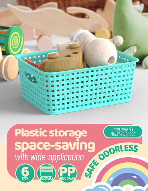 WYT 6-Pack Plastic Small Shelf Storage Weave Baskets, Organizing for Cabinets and Pantries, Sky Blue