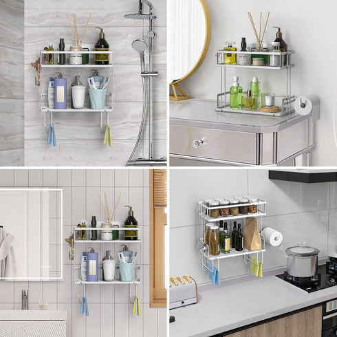 Over The Toilet Storage Shelf, 2-Tier Bathroom Organizer, Punch-Free Home Storage Rack with Hooks, White