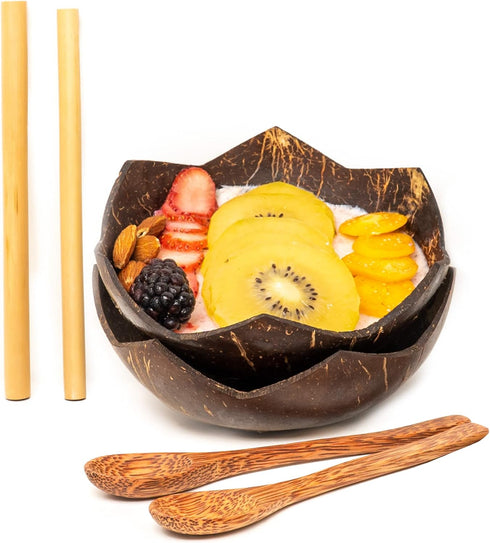 Set of 2 Jumbo Coconut Bowls, 2 Wooden Spoons & 2 Reusable Bamboo Straws - Eco-Friendly, Hand Carved, 100% Natural