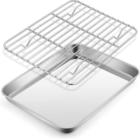 E-far Metal Toaster Oven Tray Set, 10.5”x8.3” Small Stainless Steel Baking Pan with Wire Rack for Cooking