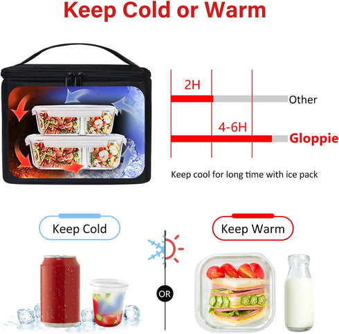 Gloppie Insulated Lunch Bag, Lunch Box Cooler Bag for Work Picnic, Ideal Gift, Black
