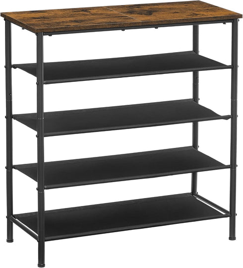 VASAGLE 5 Tier Shoe Rack, Shoe Organizer for Entryway, Holds 12-16 Pairs, with 4 Fabric Shelves, Rustic Brown and Black