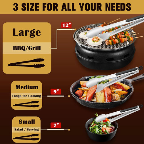 Stainless Steel Kitchen Tongs, 9 Pieces Cooking Tongs, Heavy Duty Metal Locking Tongs for BBQ and Salad