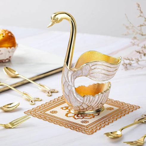 Gold Swan Base Holder, Elegant Dessert Spoons Organizer with 6pcs Coffee Spoon Set, Premium Zinc Alloy (Gold)