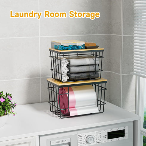 2 Pack Trash Bag Holder, Extra Large Garbage Bag Dispenser with Bamboo Top, Wall Mounted Stackable Trashbag Storage