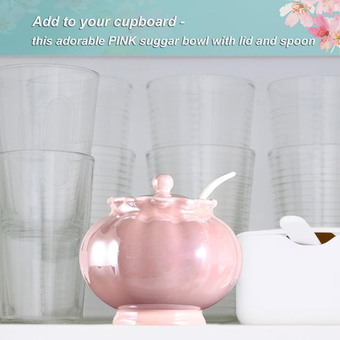 Porcelain Sugar or Salt Bowl with Lid and Spoon, Ceramic Spice Keeper, 9 Ounce, Pearlescent Pink Design