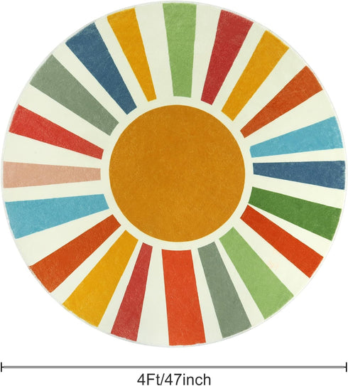 4 STARUIA Small Round Rug Ft Washable Round Rug for Kids Room, Colorful Sun Circle Rug for Playroom, Non-Slip Circular