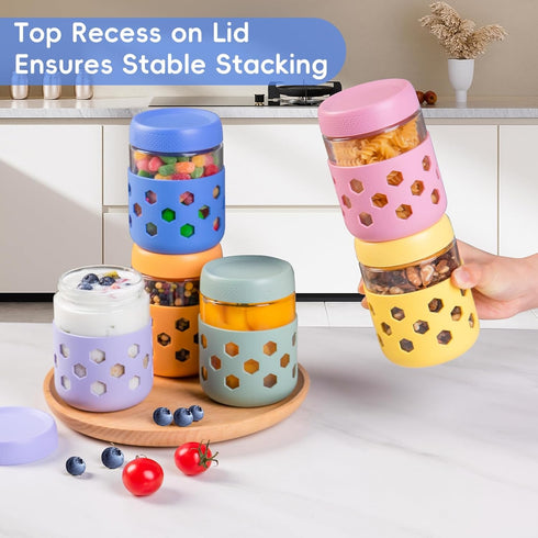 6-Pack 16 oz Gemice Overnight Oats Containers with Lids and Silicone Sleeves, Glass Mason Jars with Airtight Lid