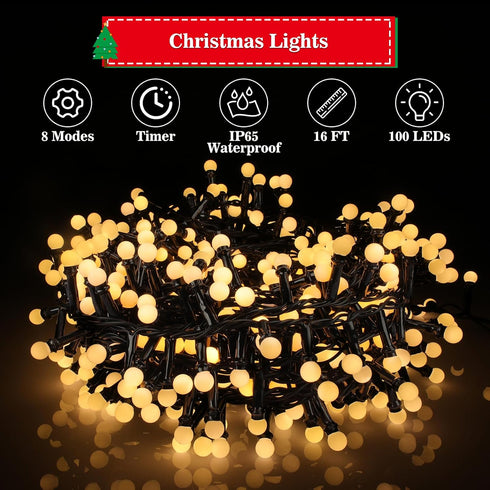 33FT 500LED 8 Christmas Lights Plug in,Cluster String Lights with Timer and Modes,Mini Globe Lights for Indoor Outdoor