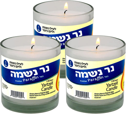 Yahrzeit Memorial Candles Ner Neshama, 26 Hours Kosher Yizkor Yarzheit Candle 3 Pack in Glass Jar