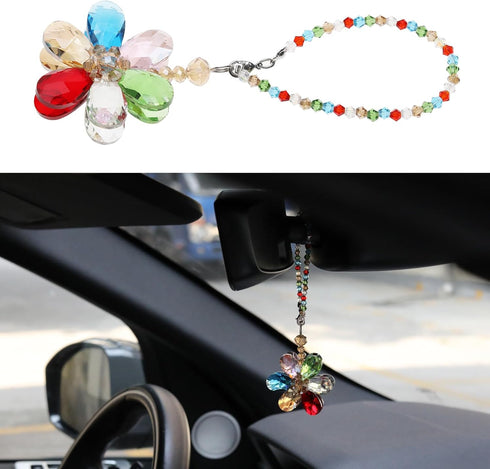 SING F LTD Multicolour Flower Suncatcher Crystal Hanging Ornament for Car Rear View Mirror, 15cm/5.9 Inch Length