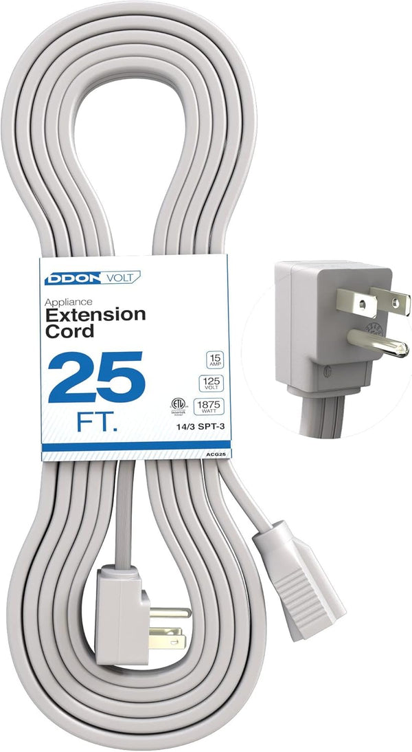 Heavy Duty Appliance Extension Cord Wire Gray for Air Conditioner Refrigerator and Major Appliances Indoor and Outdoor Use 25 Feet Grey 3 Pronged Cord