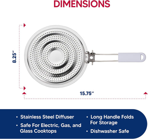 HIC Kitchen Heat Diffuser Reducer Flame Guard, Stainless Steel, Removable Handle