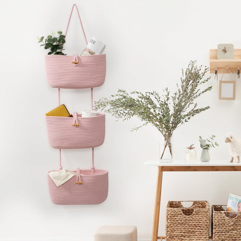 3-Tier TeoKJ Over the Door Hanging Baskets with Button Strap, Woven Cotton Storage Organizer Bag, Wall-Mounted