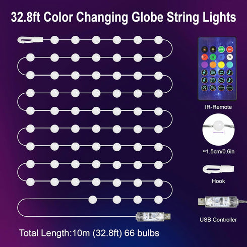32.8Ft 66LEDs Christmas String Lights Indoor RGB Smart Twinkle Light with Music Sync RF Remote APP Control, USB Powered