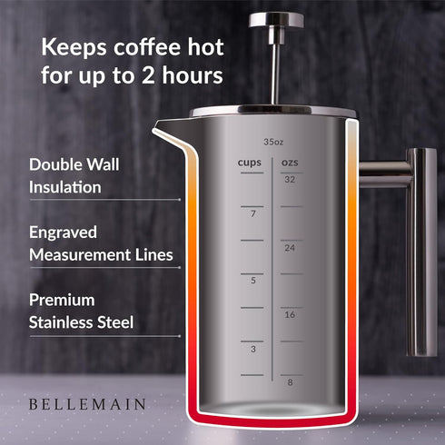 Bellemain French Press Coffee Maker with Extra Filters, 35 oz, Stainless Steel