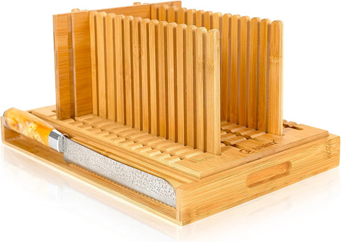 Bread Slicer for Homemade Bread, Adjustable Thickness and Width Slicing Guides, with Crumb Tray, Damascus Knife