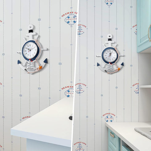 Sea Theme Nautical Anchor Steering Wheel Wall Clock, Suit for Hanging Decoration and Wall Mounted Ornament