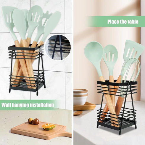 Kitchen Utensil Holder For Countertop ,Wall Mounted kitchen Utensil Holder Dual Purpose Design Heavy-Duty Metal Rectangular Matte Black Utensil Organizer For Kitchen Drawers Cooking Utensil Holder