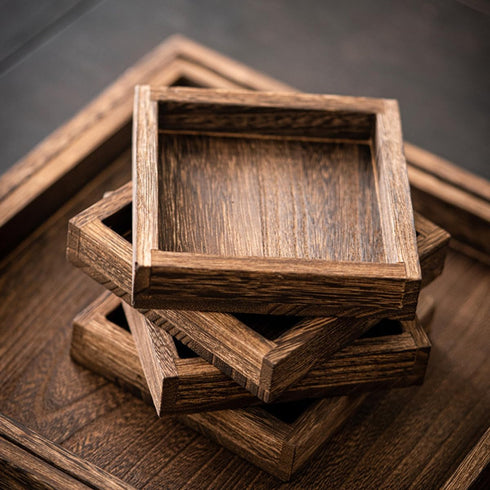 5-Piece Set, Rustic Wooden Serving Tray Handcrafted Nesting Trays with Handles for Ottoman & Coffee Table Decor