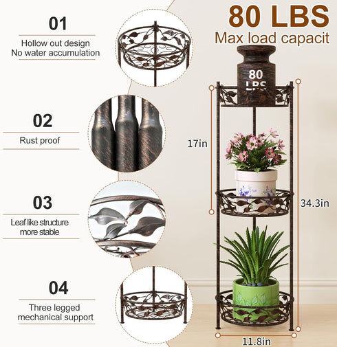 3 Plant Stand, Heavy Duty Metal Plant Stand Indoor Outdoor, Tall Tiers Plant Shelf for Multiple Plants Pots, Flower Pot