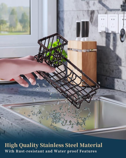 Consumest Kitchen Sink Caddy, Sponge Holder with Removable Drip Tray, 304 Stainless Steel - Bronze, Countertop Dish Soap