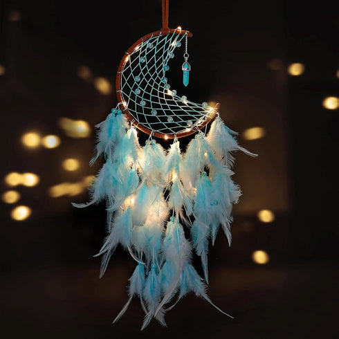 Dremisland Moon Dream Catcher - Handmade Feather Wall Hanging Ornament with Fairy Lights for Kids Bedroom Decor
