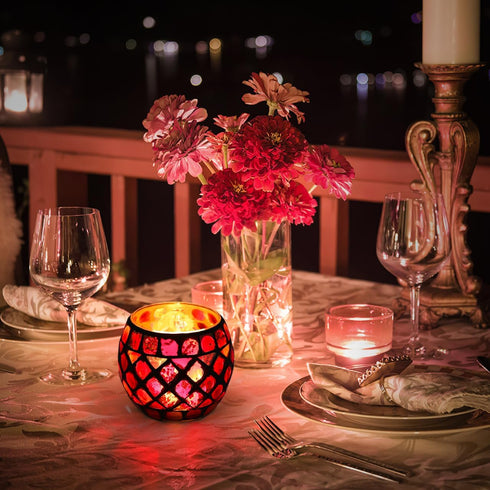 Uonlytech Glass Votive Candle Holder, Red Mosaic Tea Light Holders for Home, Vintage Glass Cup Ornament