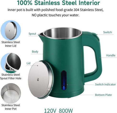 Small Electric Tea Kettle, 0.8L Portable Mini Hot Water Boiler Heater with Auto Shut-Off & Boil Dry Protection (Green)
