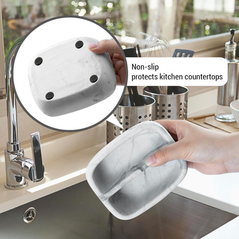 Countertop 2 MyGift Modern White Resin Sponge Holder for Kitchen Sink, Dish Sponge Holder with Compartments and Marble