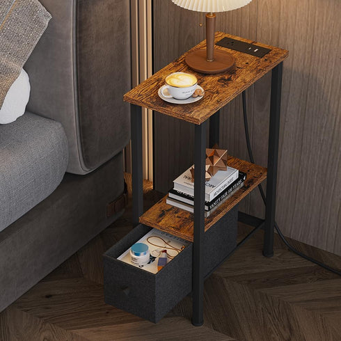 1 1 VIMBER Narrow Side Table for Small Spaces, Skinny End Table with Charging Station, Sofa Beside Table with Drawer
