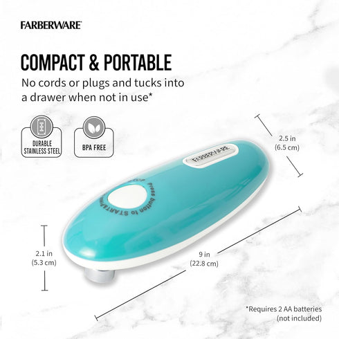 Farberware Compact Battery Operated Hands-Free Automatic Can Opener for any Size Can with Magnet to Safely Remove Lid, Seamless Opening Decreases Sharp Edges for Easily and Safely Opening Cans, Aqua by Farberware