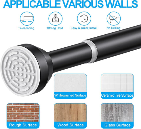 TEECK Adjustable Tension Shower Curtain Rod, 32-79 Inch, 1 Inch, Anti-Slip, Rust-Proof, No Drilling, Black