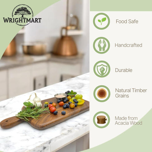 Solid Acacia Wood Cutting and Serving Board with Handle - Handmade, Joint Free, Size: 15" x 8" x 3/4”